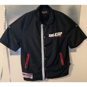 KLEEP PHRESH Mesh Lined Snap Up Short Sleeve Pocketed Polyester Shacket L BLACK